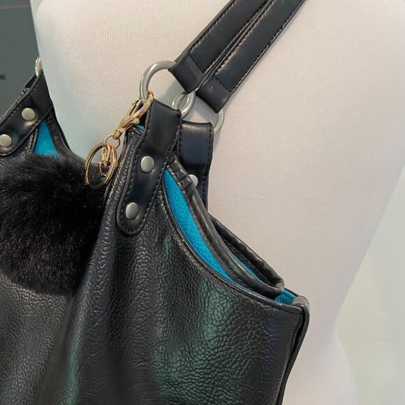 Espe Black Vegan Leather Purse Tote Bag pouch With Pom-Pom Floral Interior boho - Picture 8 of 14